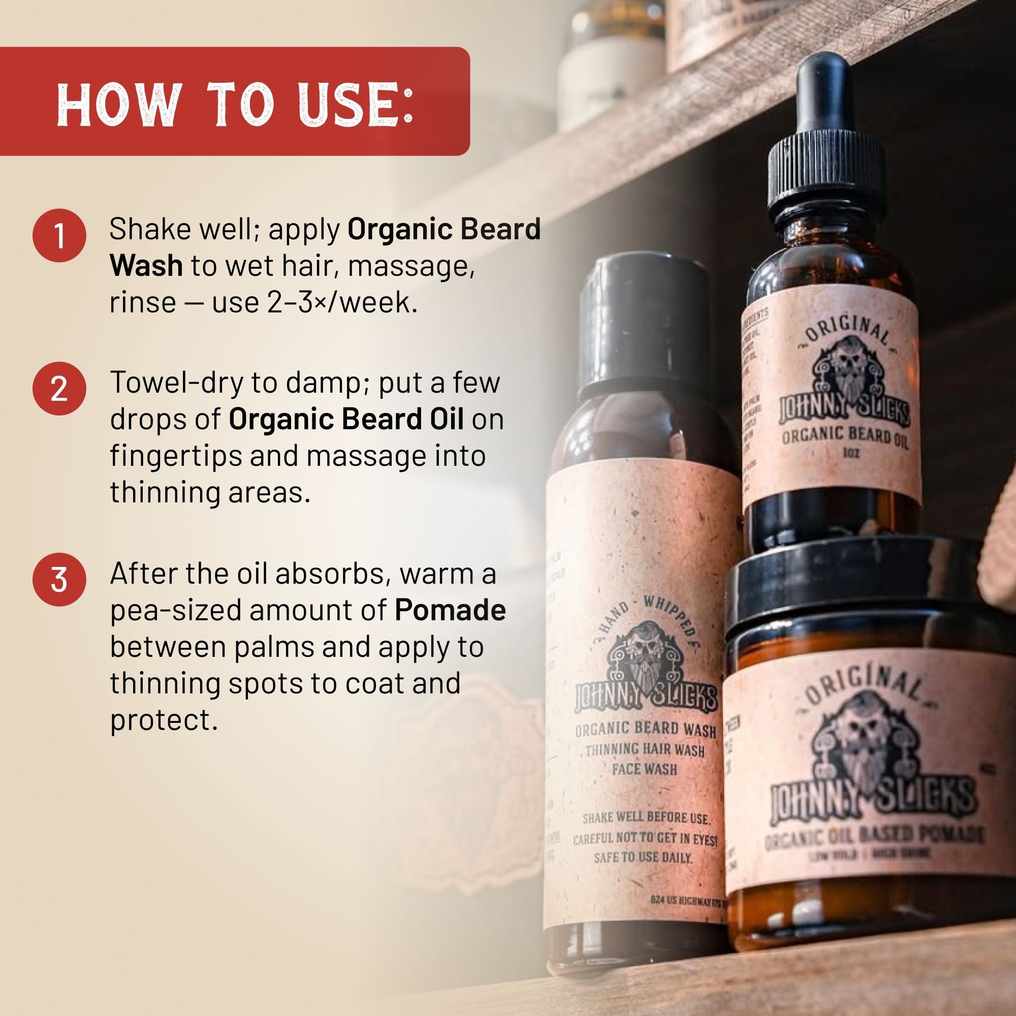 Johnny Slick Thinning Hair Kit - Beard Wash, Beard Oil, and Pomade